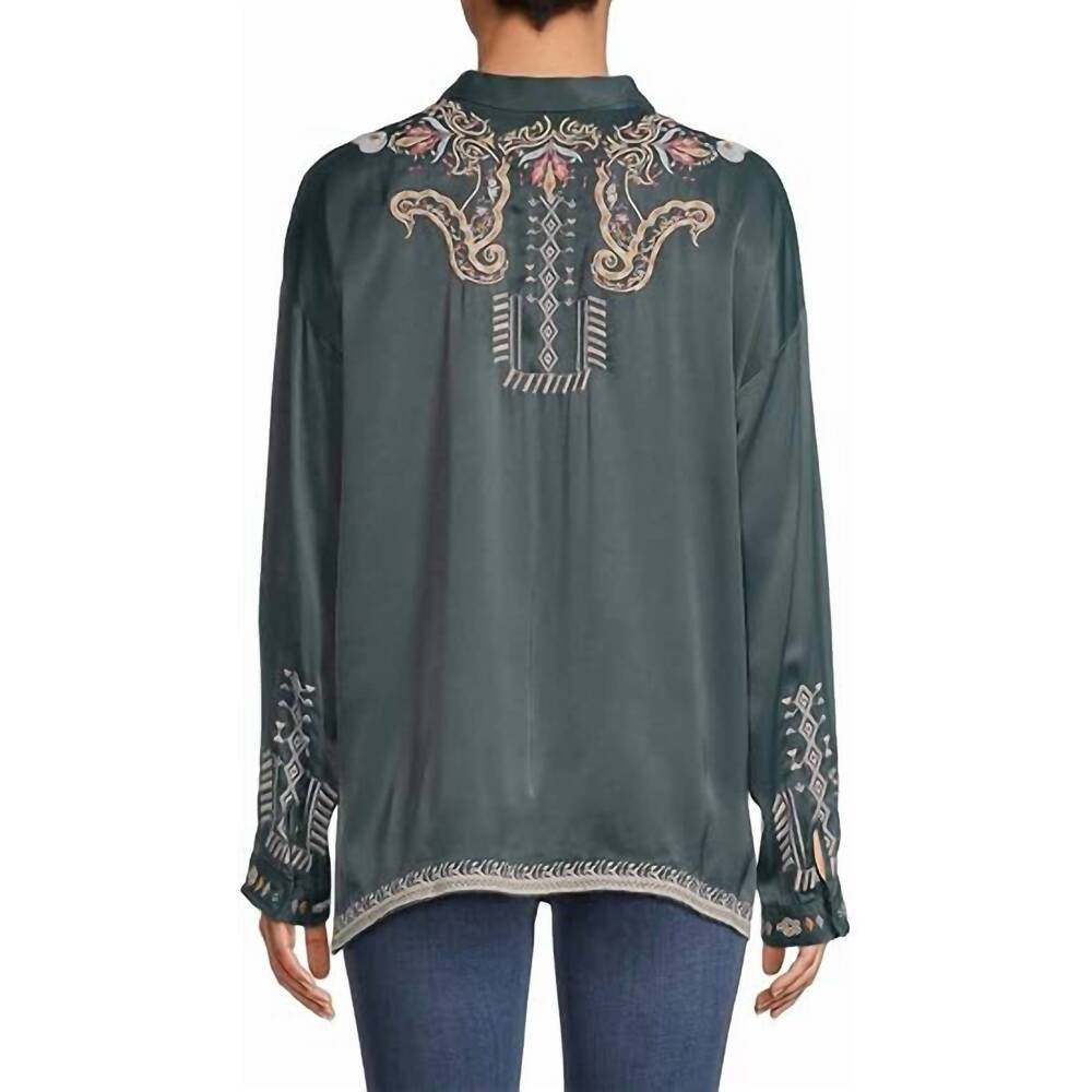 NEW JOHNNY WAS women's tandit embroidered blouse in darkest spruce - Picture 4 of 5